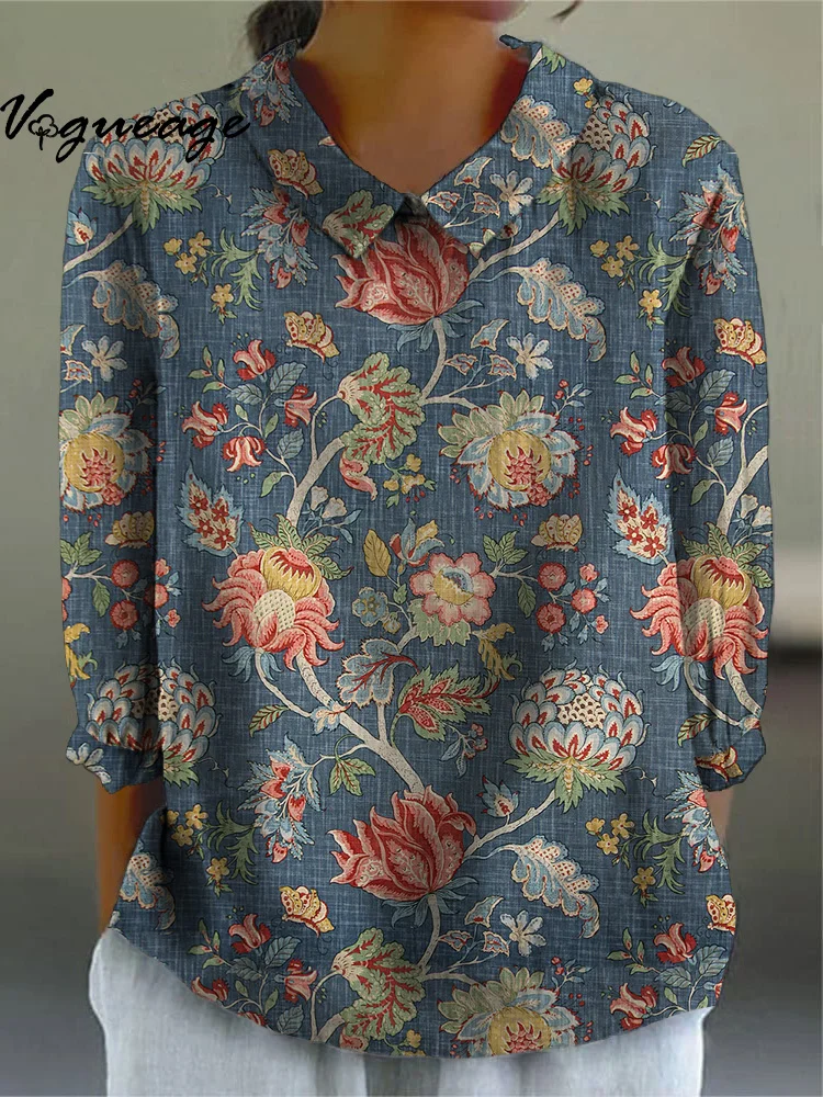 Retro Printed Lapel Long Sleeve Cotton And Linen Shirt