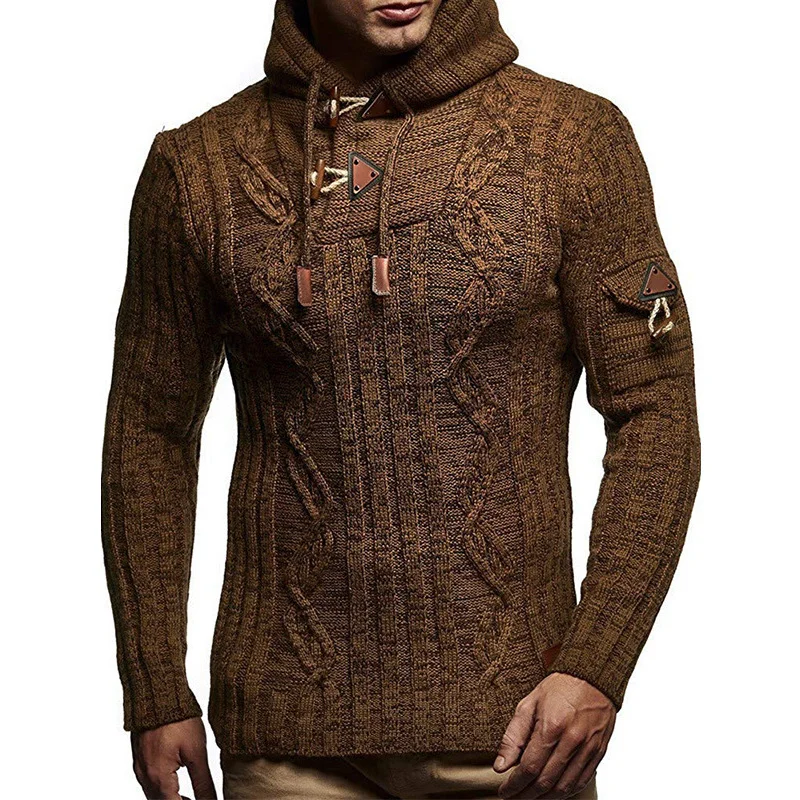 Wongn Wongn And Winter Fashion Men's Knit Long Sleeves With Cap Shoulder Seal Bull Horn Buckle Slim Men's Sweater