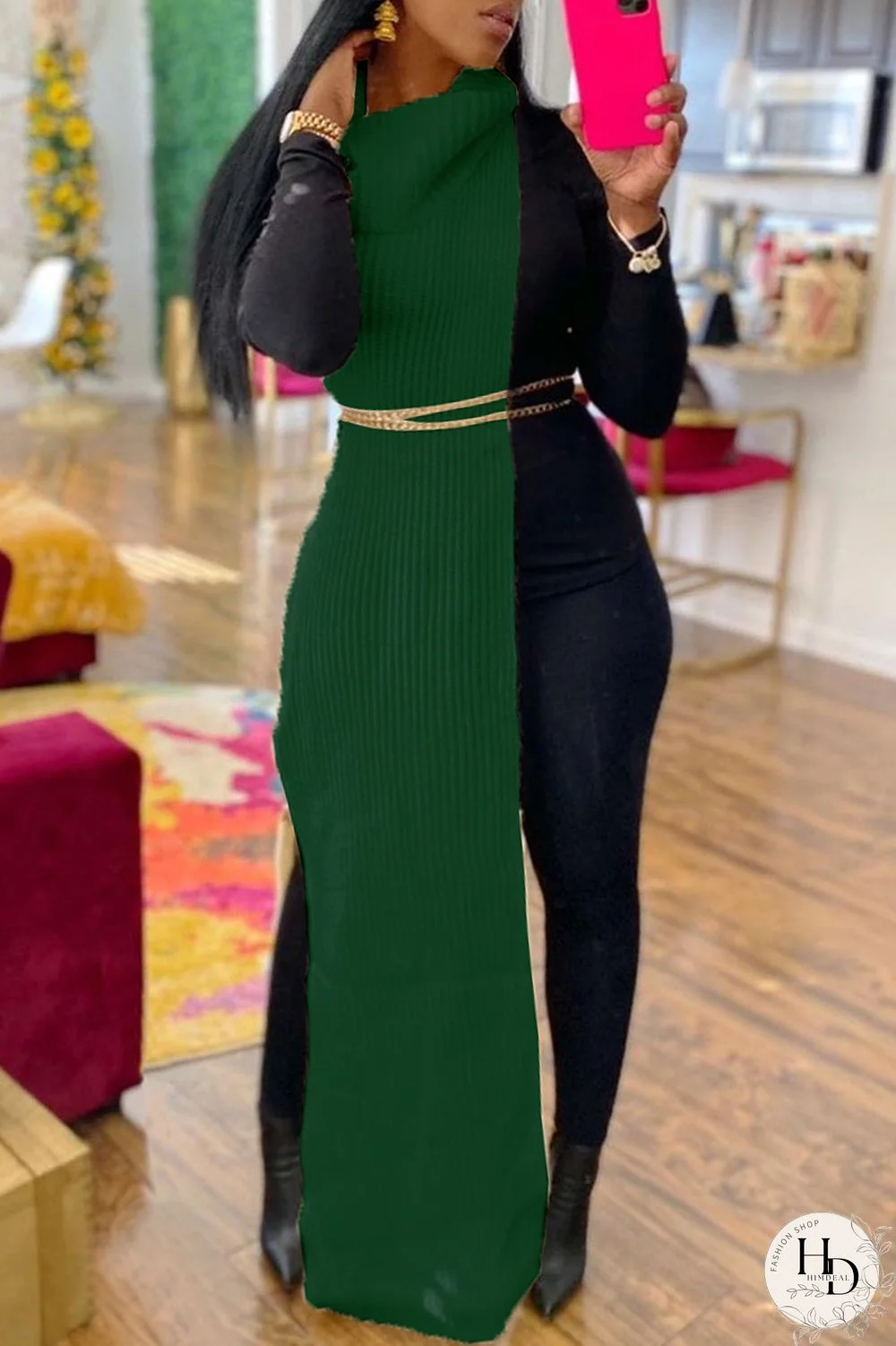 Green Fashion Casual Solid Slit Turtleneck Sleeveless Dress (Without Waist Chain)