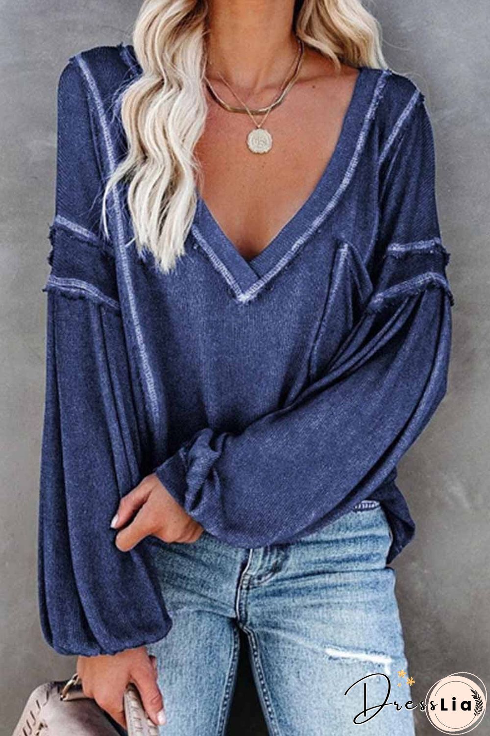 Solid Color Pullover V-Neck Bubble Long Sleeves Tops(4 Colors)