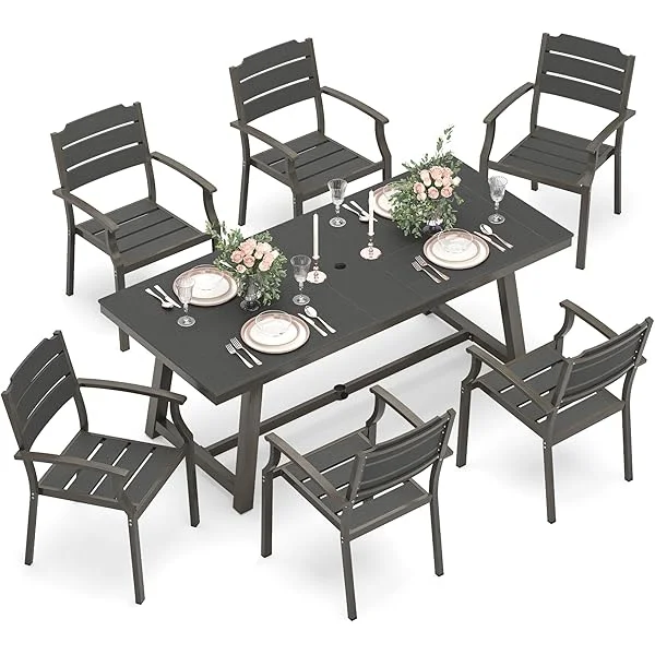 Patio Table and Chairs Set, Patio Furniture Set, 7-Piece, HDPS All-Weather Material Outdoor Dining Set, Outdoor Furniture with Umbrella Hole, Black Black 7 Piece Dining Set