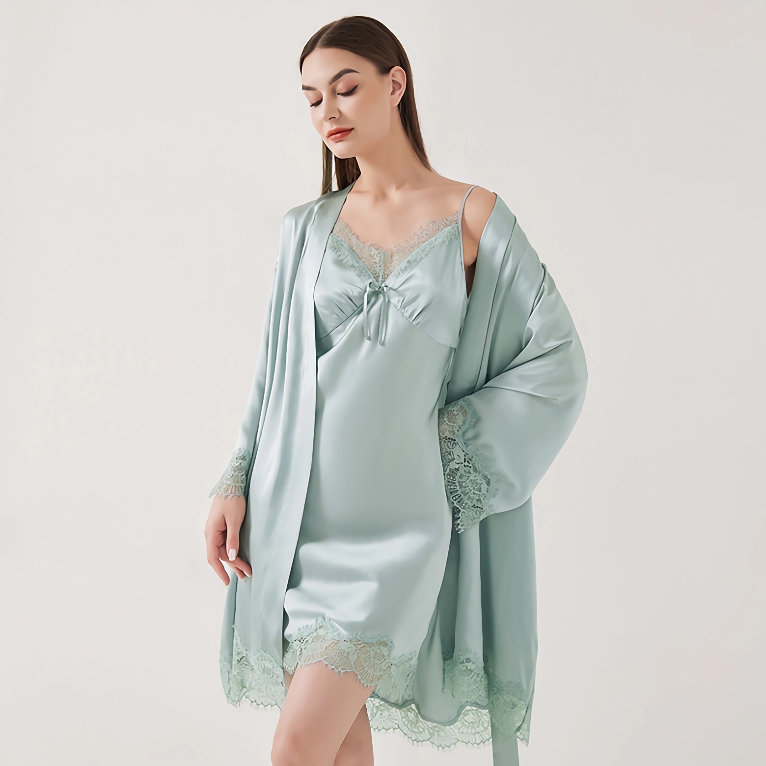 Women's Silk Nightgown And Robe Set Lace REAL SILK LIFE