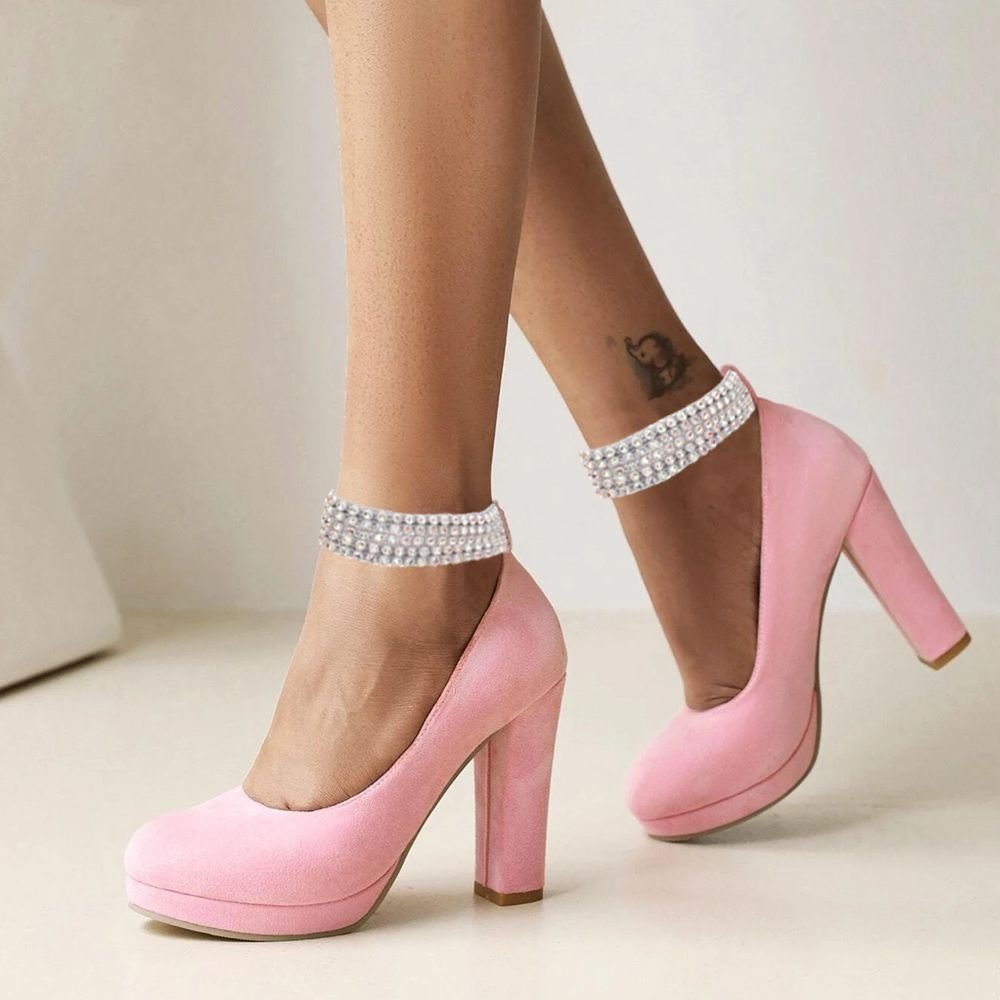 Pink Round Toe Platform Prom Pumps Crystal Strap Heels