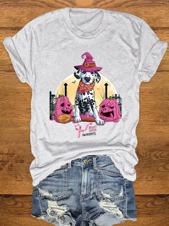 Women's October Pink Pumpkin Dog Print T-shirt socialshop
