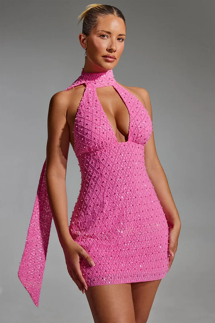 Sequin Beaded Cut Out Halter Mini Dress-Rose Red