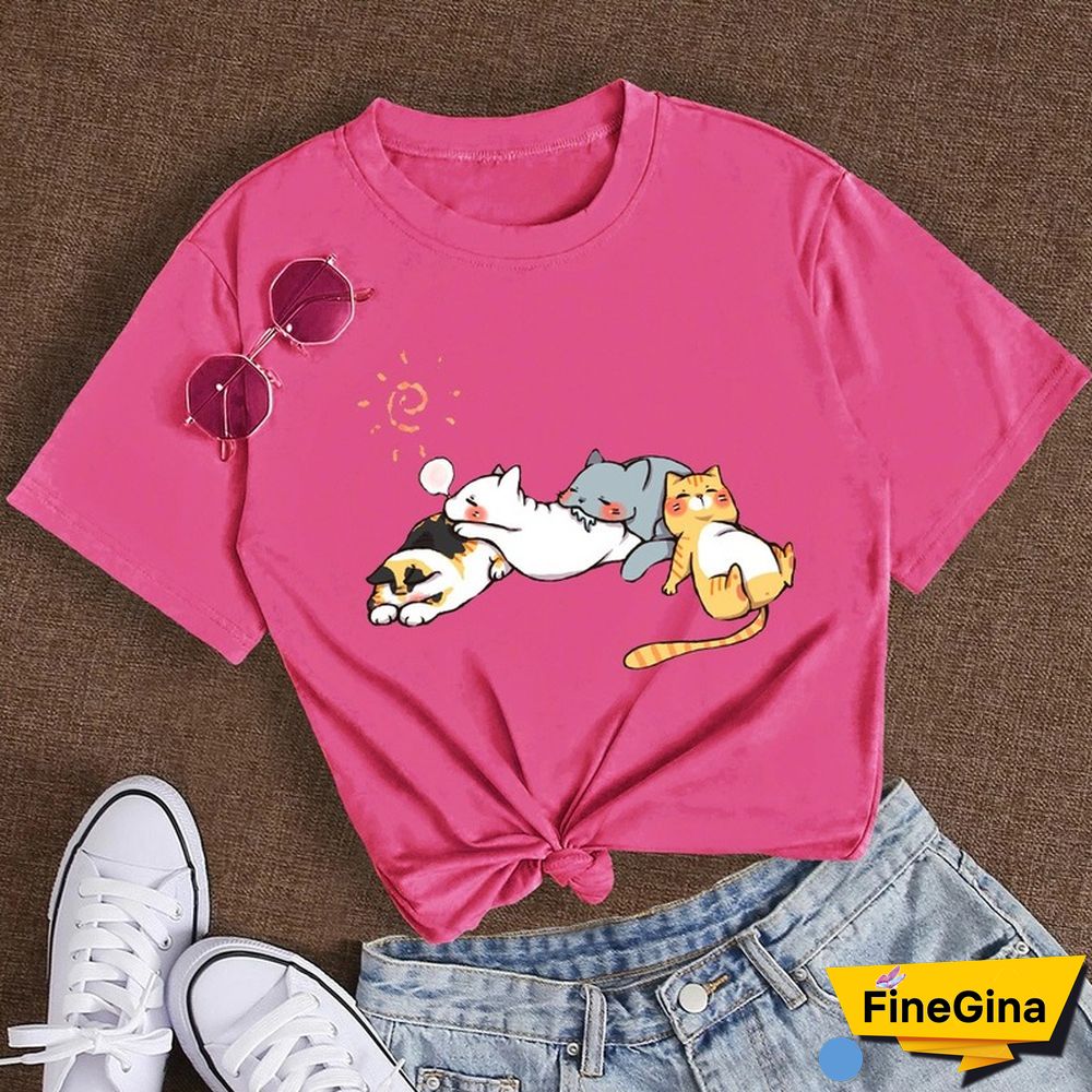 Cotton 100% Women's T Shirt Summer Short Sleeve Nap Cat Print Fashion Kawaii Female Clothes Casual O-Neck Tshirt Ladies Tee Tops
