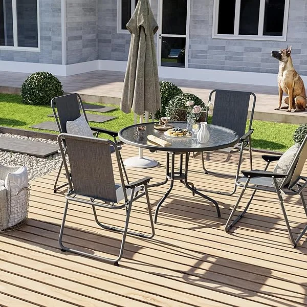 Folding Patio Chairs Set, Patio Dining Chairs Set of 4 and 31.5" Round Tempered Glass Metal Table with 1.57" Umbrella Hole, Durable and Easy to Maintain