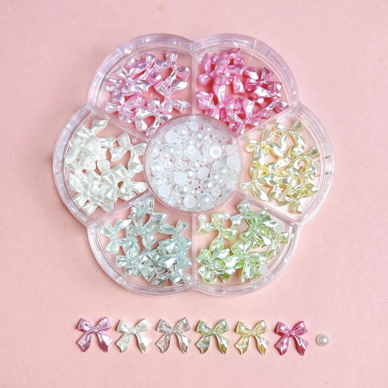 7-Grid Mixed Bow Pearl Nail Beauty Ornament Girl’s Style Mini Small Bow Tie Nail Material Package Box