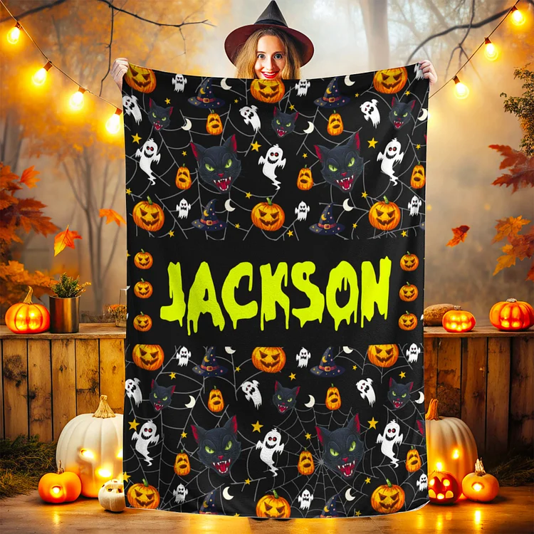 Personalized Blanket, Custom Blanket, Blanket for Kids, Custom Name Blanket, Halloween Blanket, Halloween Gift, Bat Pumpkin Ghost Blanket