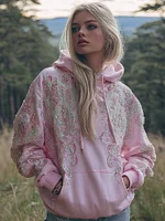 Women's Pink Flower Embroidery Art Long Sleeve Hoodie