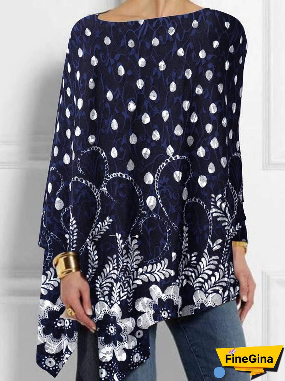 Women Plus Size Long Sleeve Scoop Neck Flower Water Drop Print Irregular Hem Top