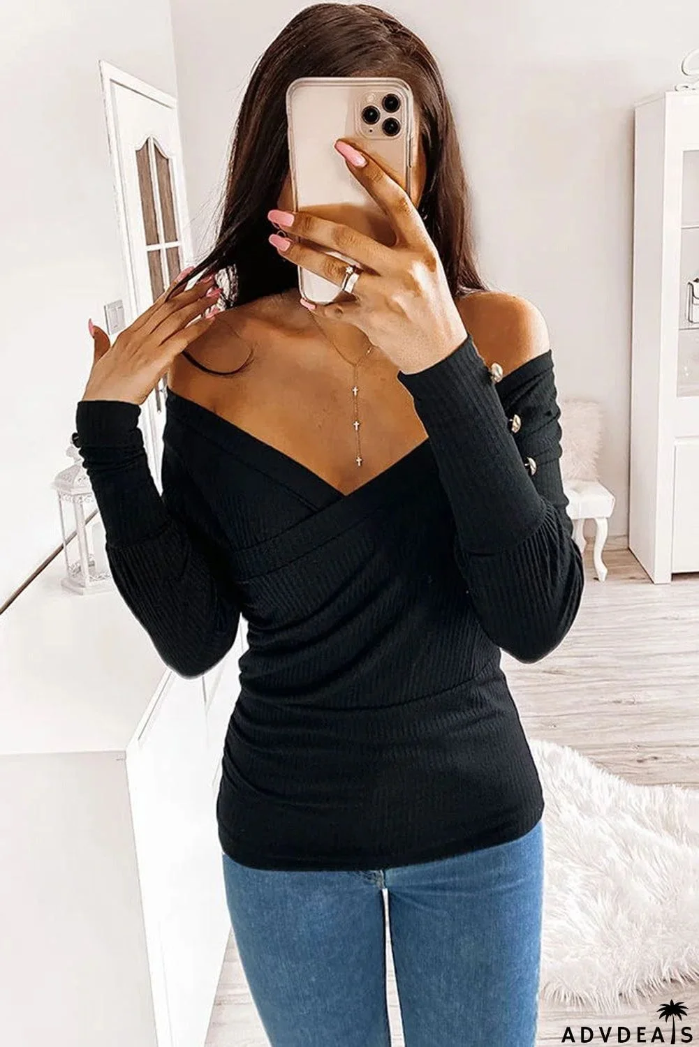 V Neck Ribbed Textured Pleated Top with Buttoned Long Sleeves