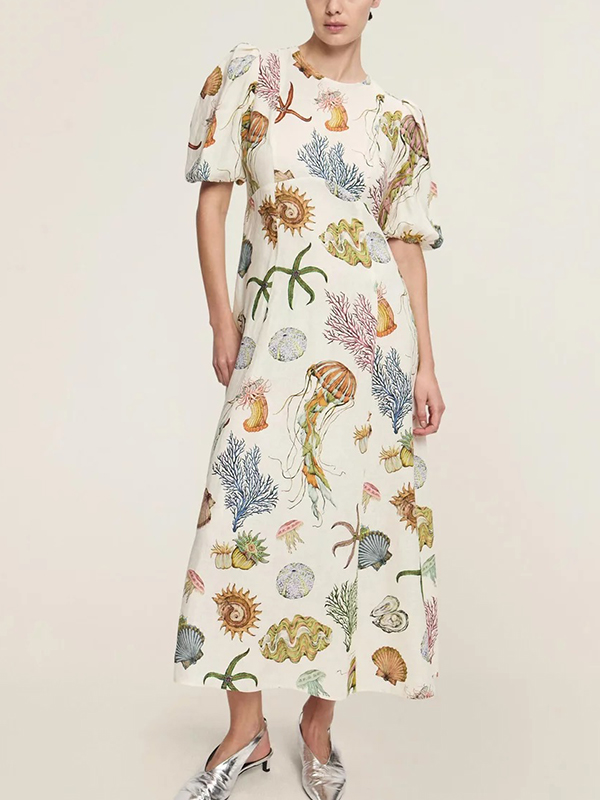 Bubble Short Sleeve Ocean Creature Printed Midi Dress