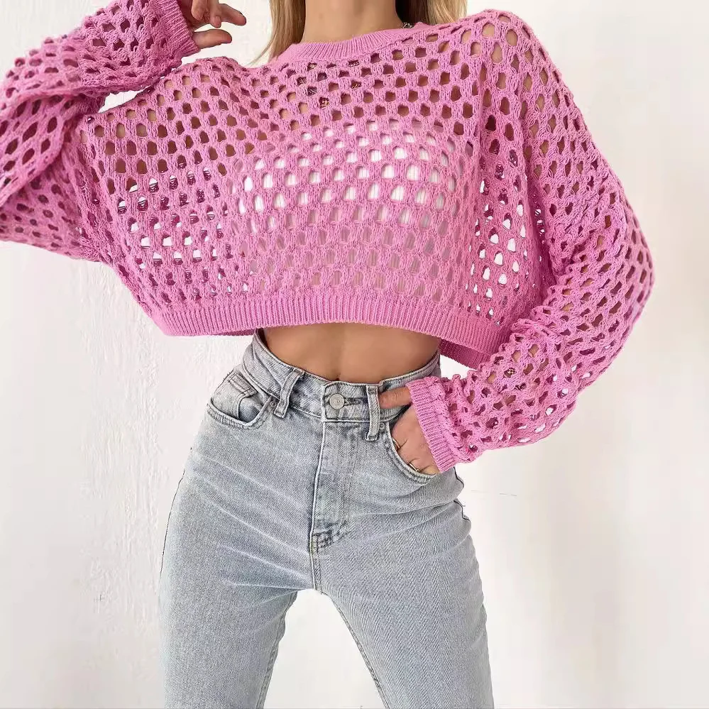 Nigikala Nigikala Spring And Summer New Knitted Shirt Horn Sleeve Loose Round Collar Hollow Sweater Woman