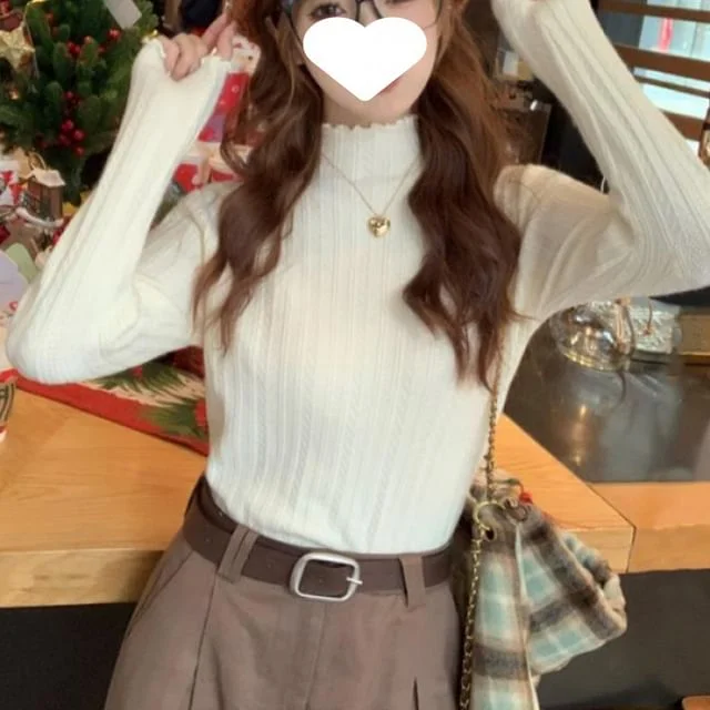 Top Edge Knit Plain Long-Sleeve Mock Neck Lettuce