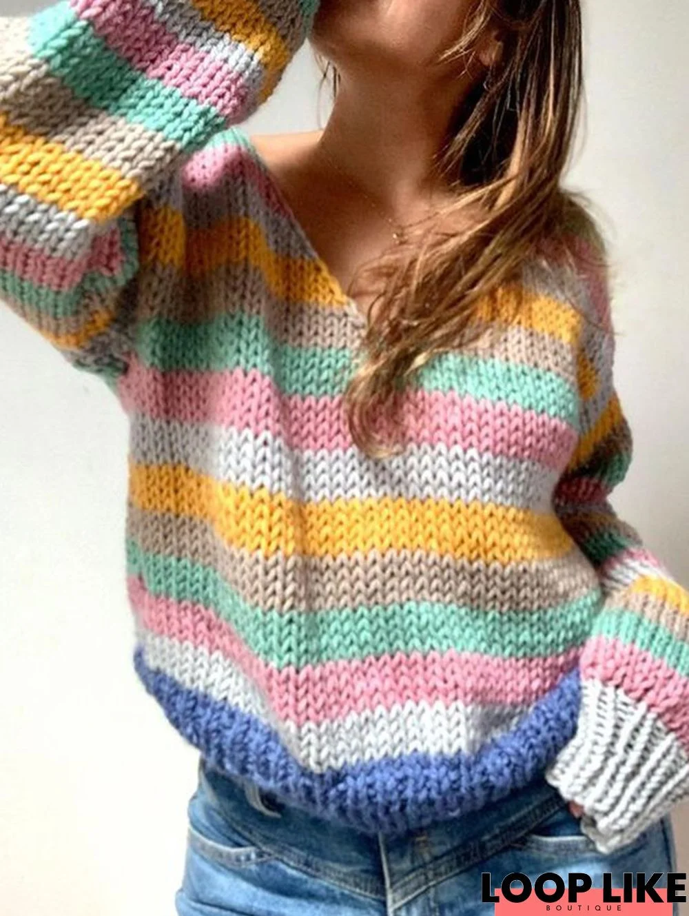 V Neck Casual Striped Sweater