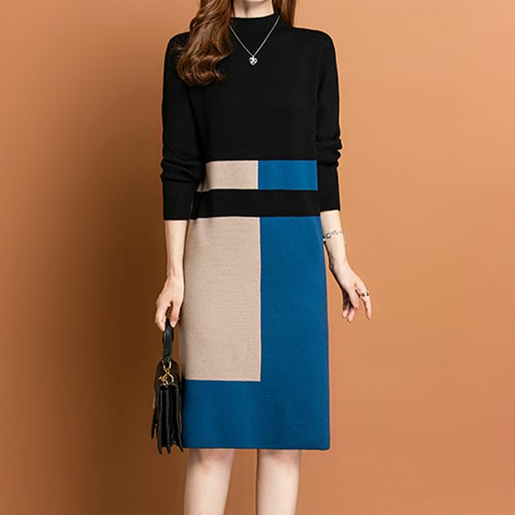 Black Knitted Long Sleeve Geometric Dresses QueenFunky