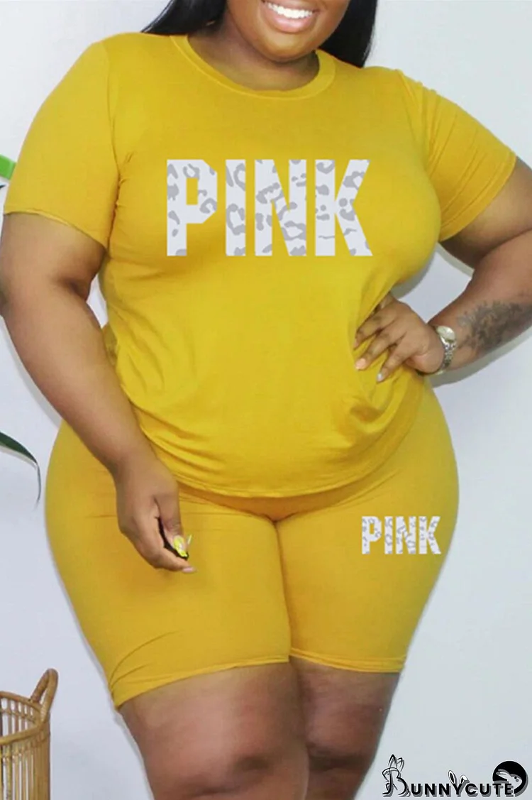 Yellow Fashion Casual Letter Print Basic O Neck Plus Size Two Pieces