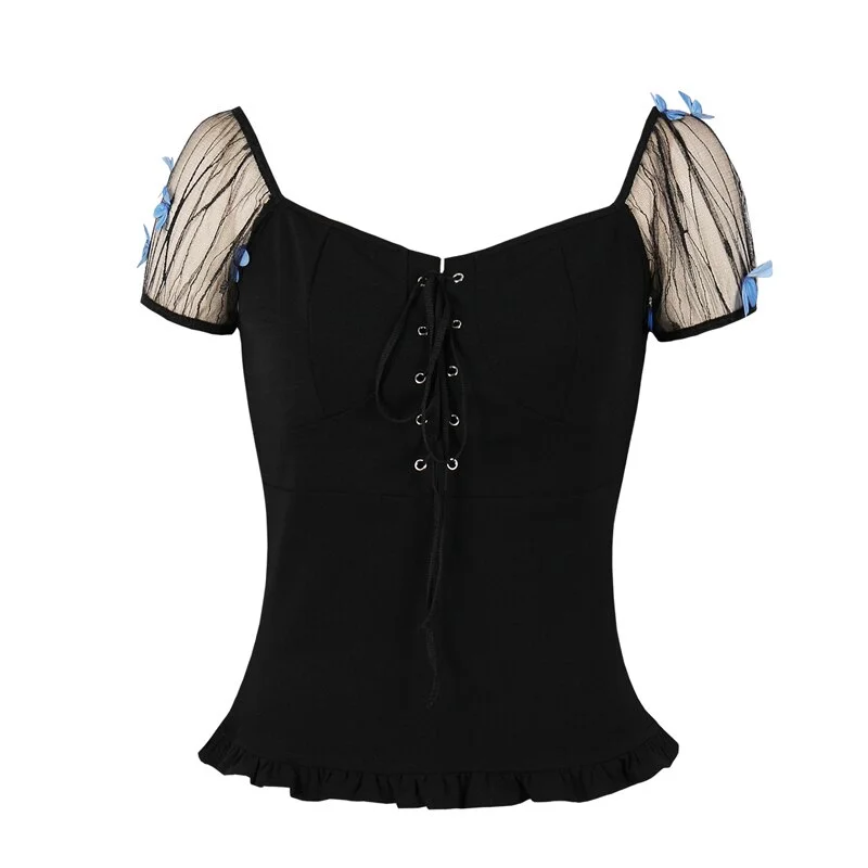 Cartoonh Lace-Up Front Slim Vintage Black Tops Mesh Sleeve 3D Butterfly Elegant T Shirt for Women Ruffle Hem Retro T-Shirts