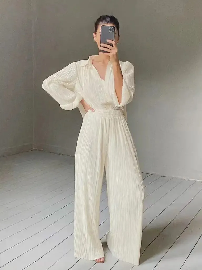 Joskka Womens Fashion Homewear Loose Long Sleeve Blouses And High Waist Wide Leg Pants