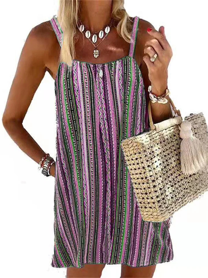 Women's Casual Dress Shift Dress Tank Dress Stripe Pocket Print Square Neck Mini Dress Fashion Streetwear Outdoor Daily Sleeveless Loose Fit Blue Purple Brown Spring Summer S M L XL XXL | 168DEAL