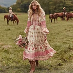 Women's Vintage Pink Rose Comfy Linen V-neck Dress - Image 2