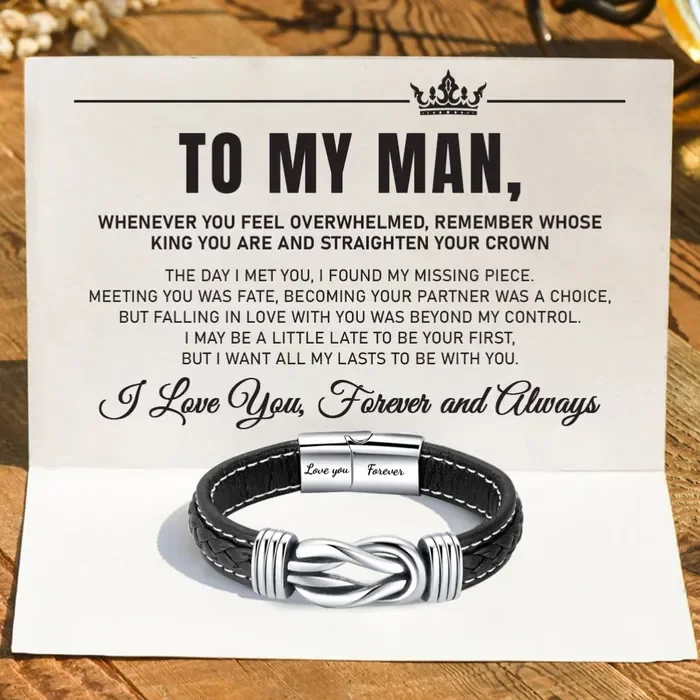 To My Man Love You Forever Leather Knot Bracelet Stainless Steel Magnetic Bracelet
