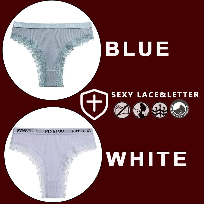 FINETOO 2PCS/Set Women's Cotton Panties Girls Letter Thongs Brazilian Pantys Sexy Lace Underwear For Woman Lingerie Bikini Panty