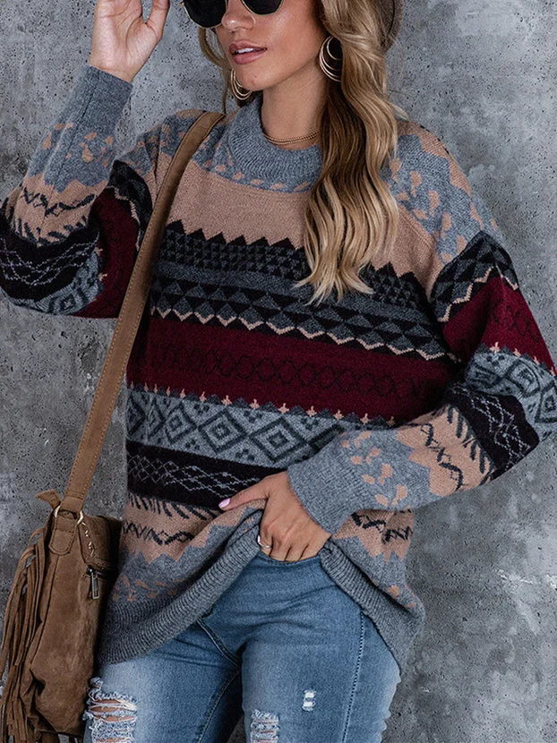 Women plus size clothing Women's Floral Scoop Neck Long Sleeve Tops Knit Sweater-Nordswear