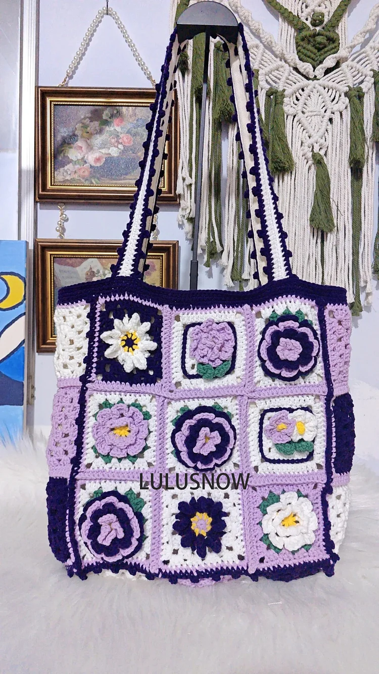 Lulusnow Handmade Purple 3D Flower Granny Square Crochet Tote Bag Shoulder Bag For Girls