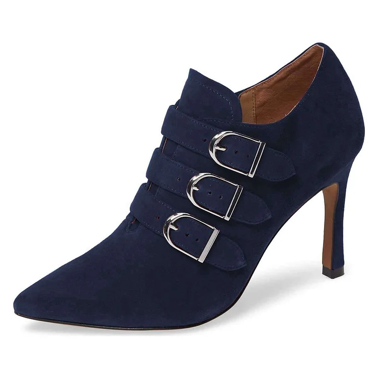 Navy Buckle Boots Pointy Toe Stiletto Heel Vegan Suede Ankle Boots |FSJ Shoes