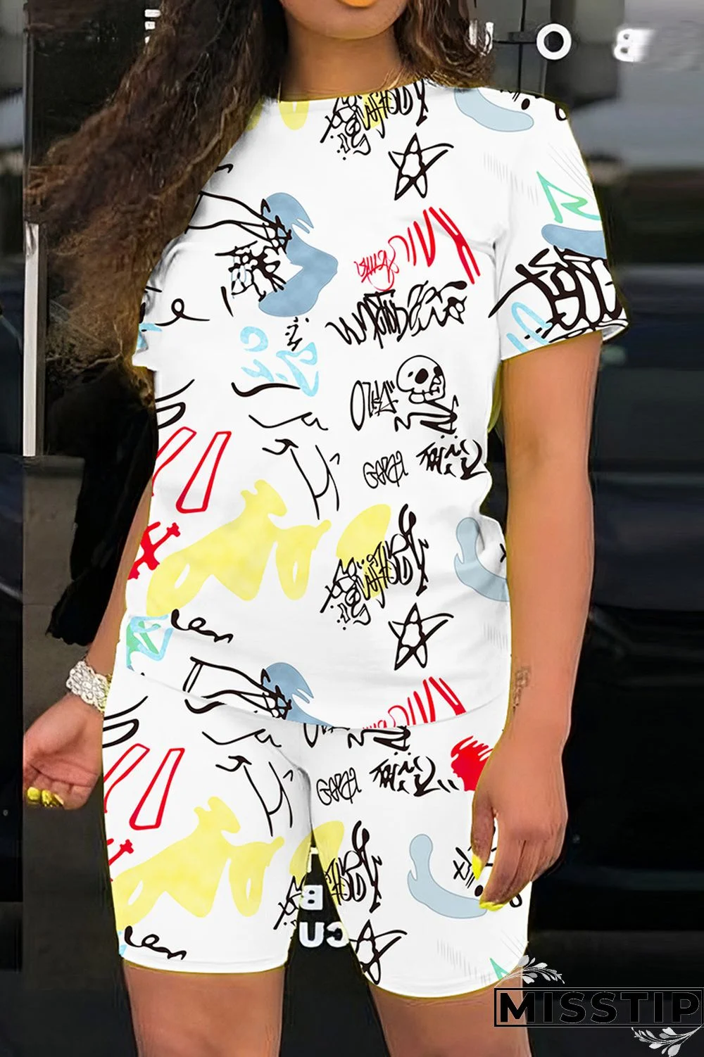 Multicolor Casual Print Basic O Neck Short Sleeve Two Pieces