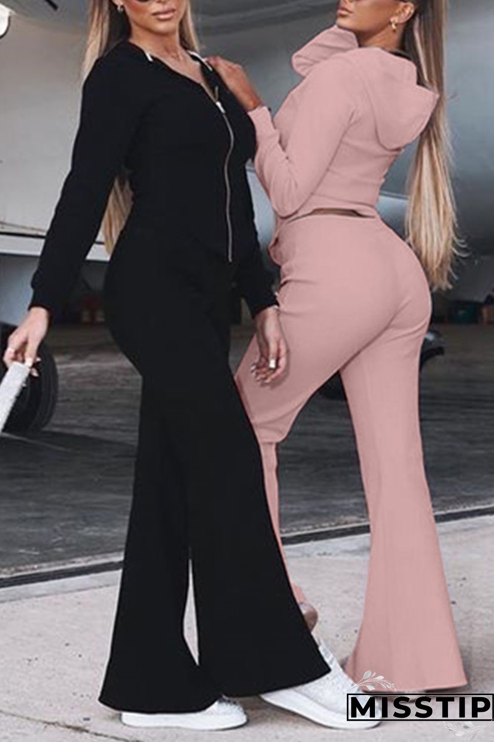Pink Fashion Casual Solid Slit Hooded Collar Long Sleeve Two Pieces
