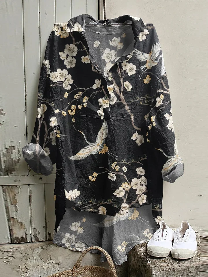 Vintage Japanese Art Print Long Sleeve Casual Shirt