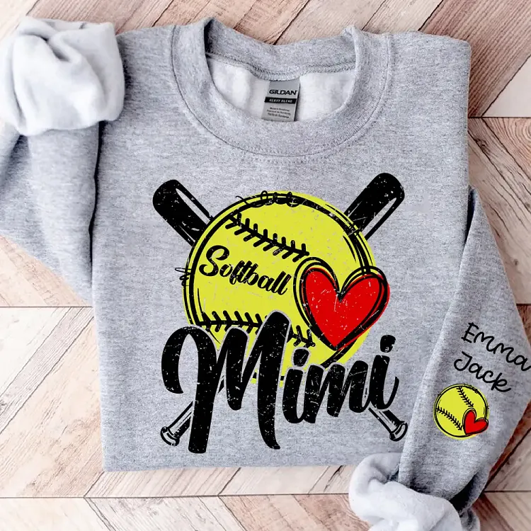 Mimi Softball SweatShirt with Heart Design, Personalized Family SweatShirt with Custom Names