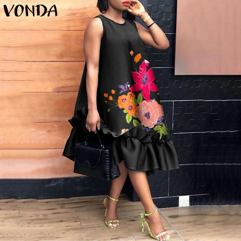 VONDA Summer Bohemian Dress Vintage Solid Maxi Long Dress Party Sundress 2022 VONDA Casual Vestidos Femme Loose Robe
