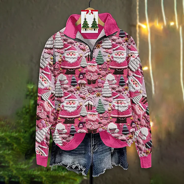Vintage Santa Print Zip-Up Sweatshirt