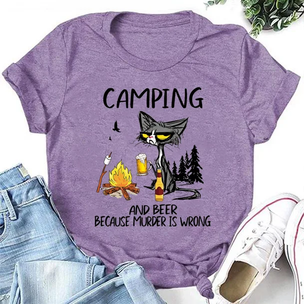 Camping And Beer Letter Cat Print Women Slogan T-Shirt