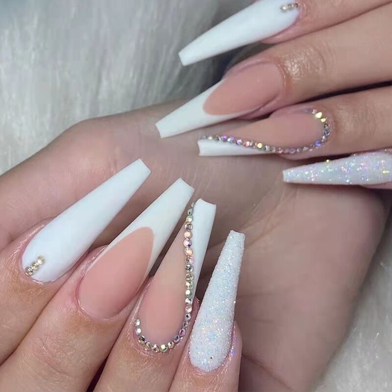 White French False Nails Detachable Long Rhinestone Coffin Fake Nails Acrylic Beauty Print Bride Ballerina Nail Art Full Tips