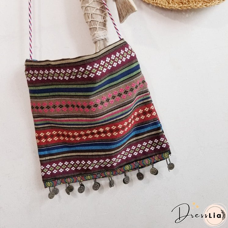 New Handmade Original Retro Storm Bohemian Canvas Bag Ethnic Style Fur Ball Tassel Crossbody Bag Shoulder Bag