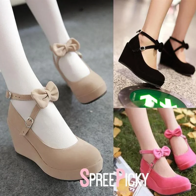 Black/Beige/Pink Sweet Bow Wedge Shoes SP179291