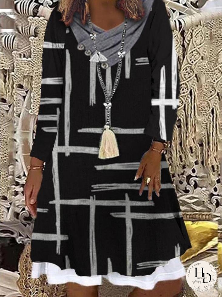 Dresses Pile Collar Printed Long Sleeve Dress for Women