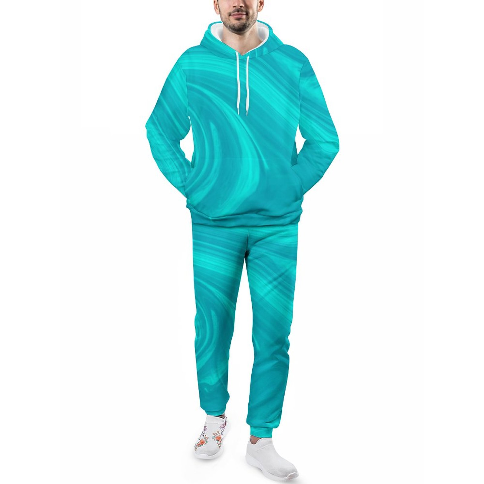 Elegant Abstract Teal Liquid Marble Artwork Men's Tracksuit 2 Piece Hoodie Sweatsuit Sets Casual Jogging Athletic Suits