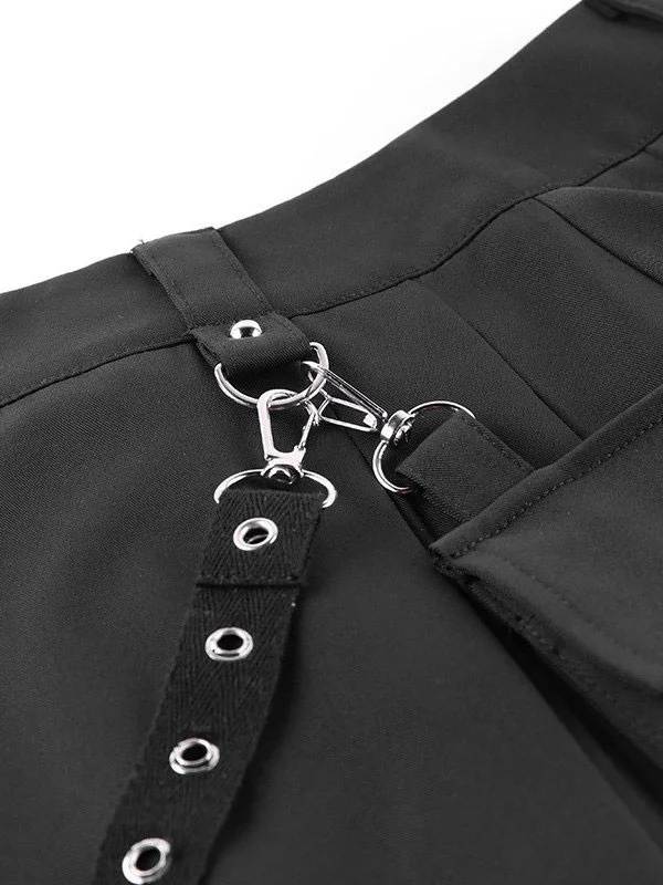 Gothic Side Pocket High Waist Pleated Strappy Chains Back Zipper Dark ...