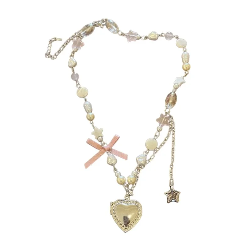 Heart Bow Pearl Pendant Necklace