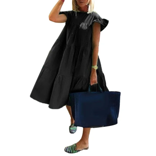 O Neck Ruffled Short Sleeve Large Hem A Line Midi Dress