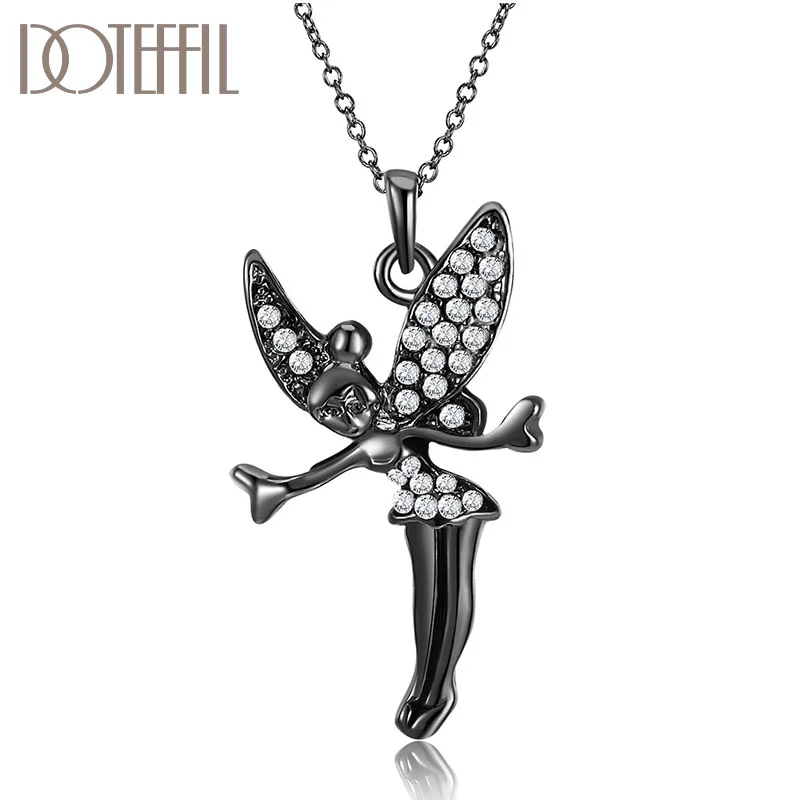 DOTEFFIL 925 Sterling Silver/Rose Gold/Black Angel 18 Inch AAA Zircon Necklace For Women Jewelry