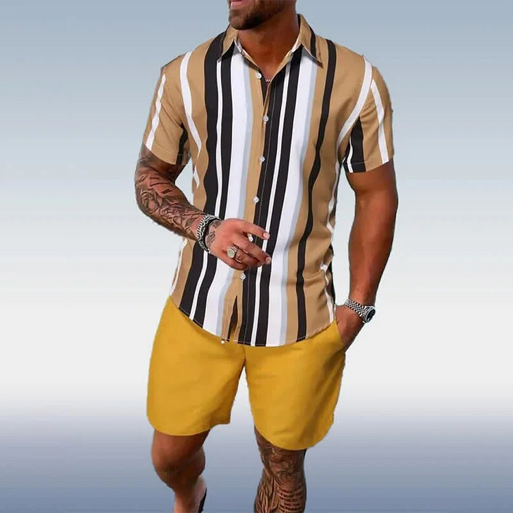 Casual Striped Print Shirt And Shorts Co-Ord