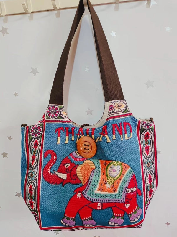 Women’s Large Canvas Elephant Ethnic Style Square Zipper Shoulder Bag