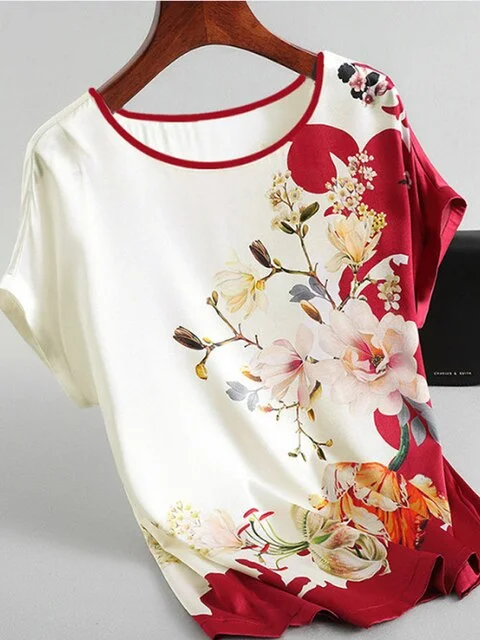 Women 2021 Fashion Floral Print Blouse Pullover Ladies Silk Satin Blouses Batwing Sleeve Vintage Print Casual Short Sleeve Tops